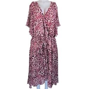 Torrid  Pink Black Chiffon Flutter Sleeve Faux Wrap Midi Women's Dress 5X 28 NWT